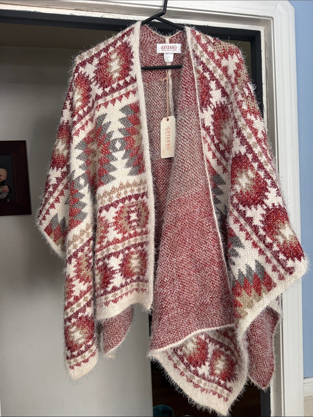 Shyanne Cream, Red & Gray Aztec Knit Open-Front Poncho